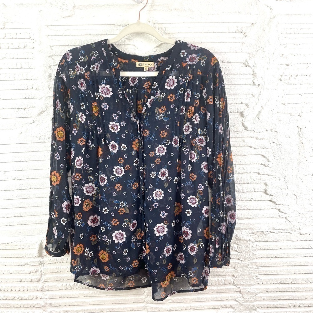 Democracy Blue Floral Sheer V-Neck Gathered Hi-Lo Bohemian Drapey Top Size Small
